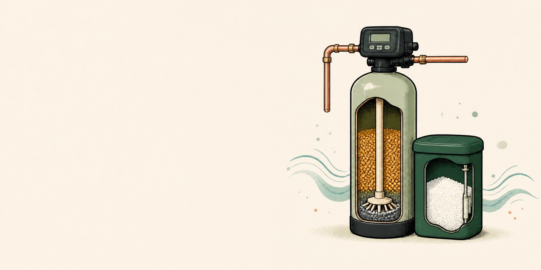 Instructional illustration of a residential water softener system showing the control valve, resin tank, brine tank, salt bed, and service connections