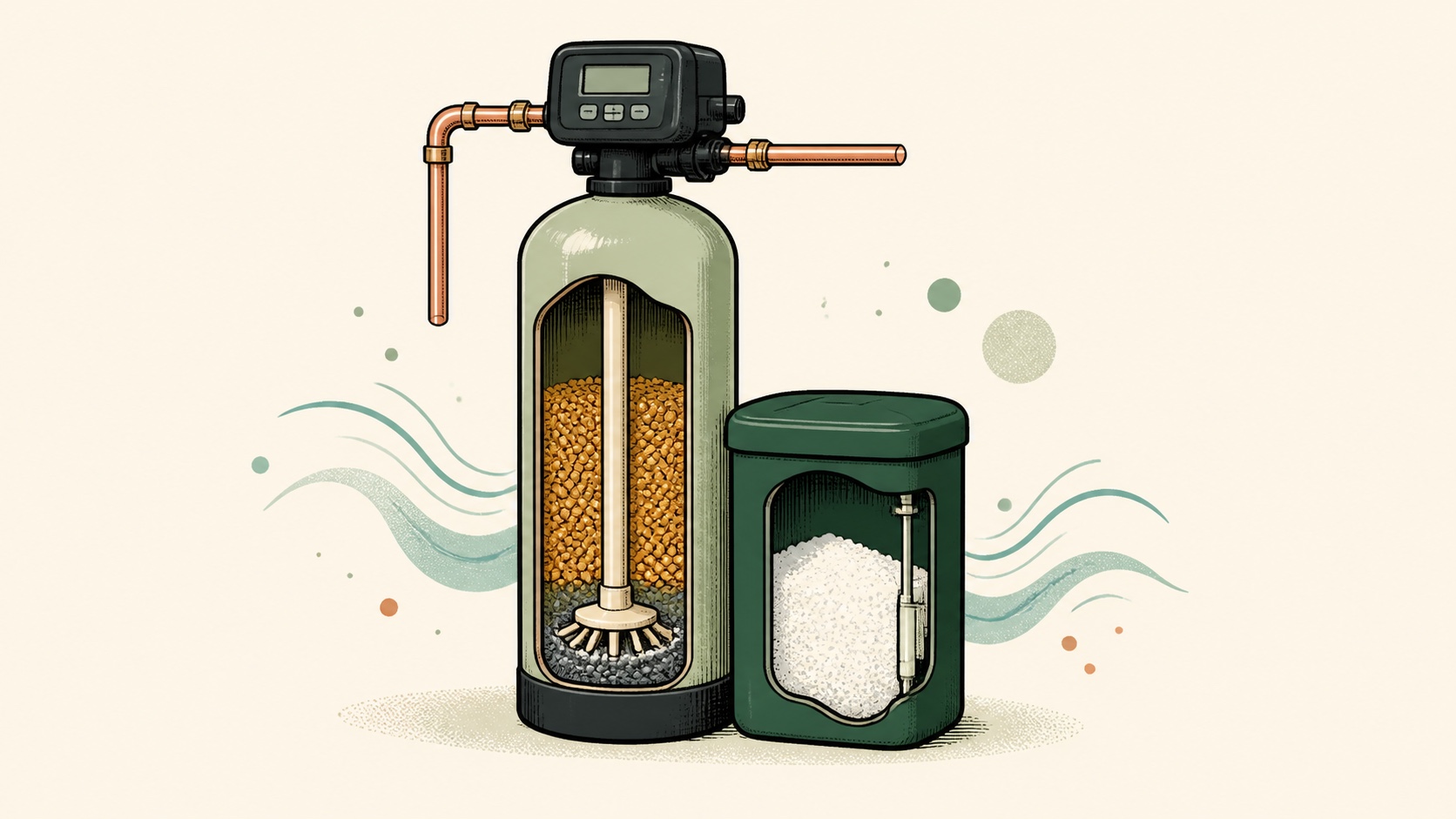 Illustration of a residential softener control valve, resin tank and brine tank