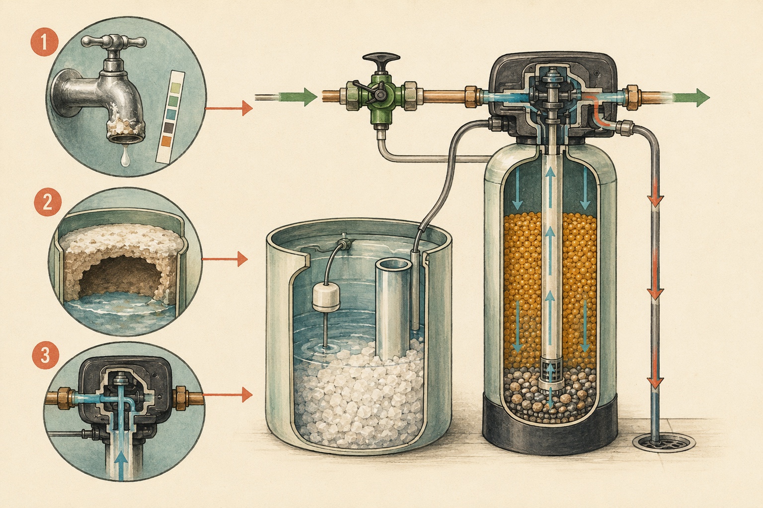 Cutaway illustration of a residential water softener showing the control valve, resin tank, brine tank, salt bridge, and regeneration flow